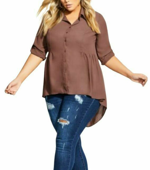 New City Chic Women's Brown Roll Sleeve HI Low Button Front Top Plus Size 16
