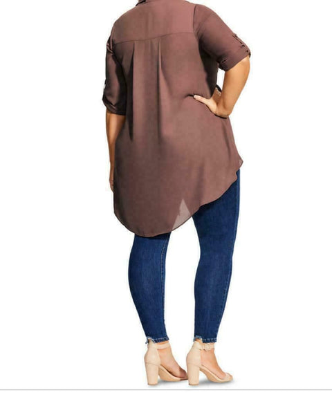 New City Chic Women's Brown Roll Sleeve HI Low Button Front Top Plus Size 16
