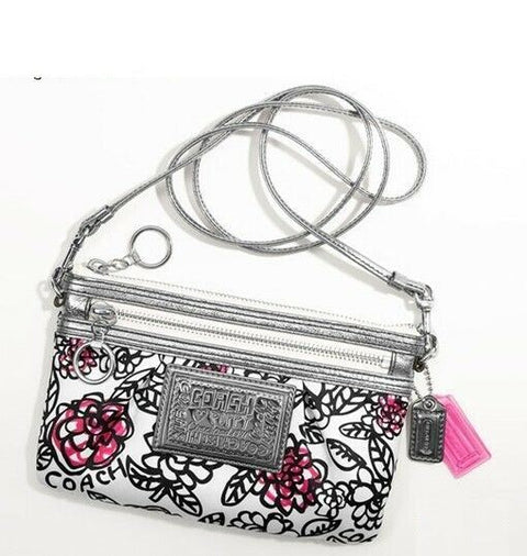 New COACH Women's Poppy Graffiti Swingpack in Silver Black Multi Shoulder Bag