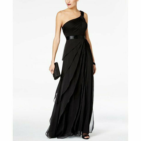 NEW Adrianna Papell Women's One-Shoulder Tiered Chiffon Gown Black Size 14