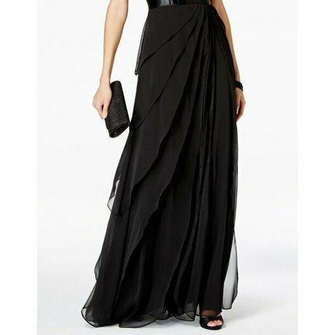 NEW Adrianna Papell Women's One-Shoulder Tiered Chiffon Gown Black Size 14