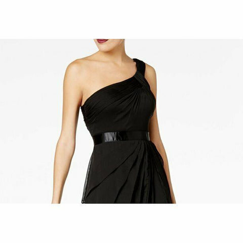 NEW Adrianna Papell Women's One-Shoulder Tiered Chiffon Gown Black Size 14