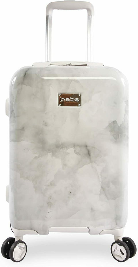 New BEBE Women's Lilah Suitcase Spinner Wheels Silver Marble Luggage 21"