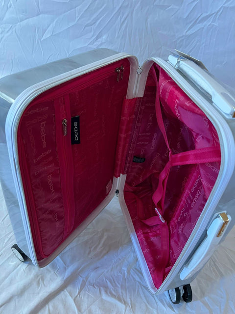 New BEBE Women's Lilah Suitcase Spinner Wheels Silver Marble Luggage 21"