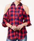 7 Sisters Young Women Red Cold-Shoulder Plaid Shirt X-Large XL