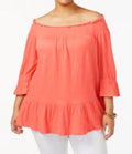 NY Collection Women's Stretch Orange Off-The-Shoulder Blouse Top Plus 1X