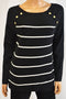 Charter Club Women Black Striped Embellished Elbow-Patch Sweater Top L