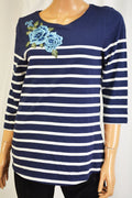 Charter Club Women Cotton Blue Striped Embroidered Blouse Top X-Large XL