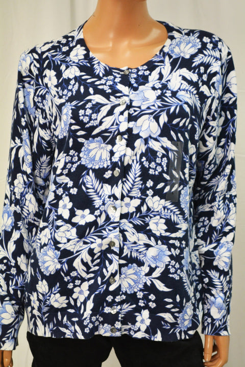 Karen Scott Women's Blue Printed Button Down Cardigan Top Large  L