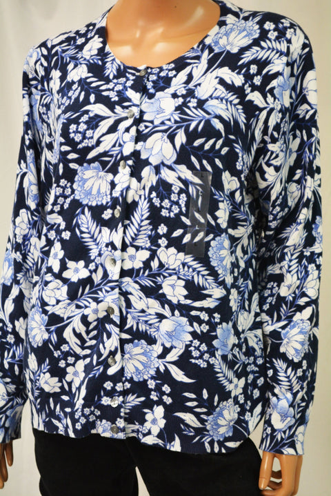 Karen Scott Women's Blue Printed Button Down Cardigan Top Large  L
