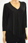 Alfani Women's V-Neck 3/4 Sleeve Stretch Black Layered-Look Draped Blouse Top L - evorr.com