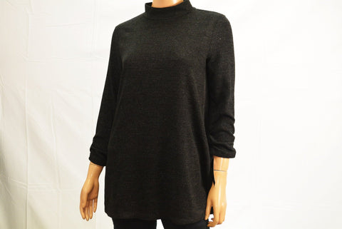Alfani Women Mock Neck Ruched Sleeve Stretch Black Metallic Tunic Sweater Top S - evorr.com