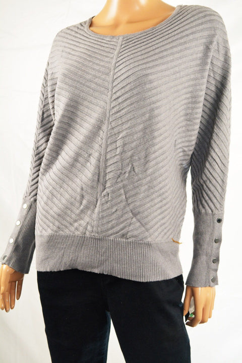 Alfani Women's Dolman Sleeve Gray Buttoned-Cuff Ribbed Sweater Top M - evorr.com