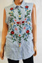 NY Collection Women Cotton Blue Stripe Embroidery Button Down Blouse Top Plus 2X