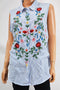 NY Collection Women Cotton Blue Stripe Embroidery Button Down Blouse Top Plus 2X