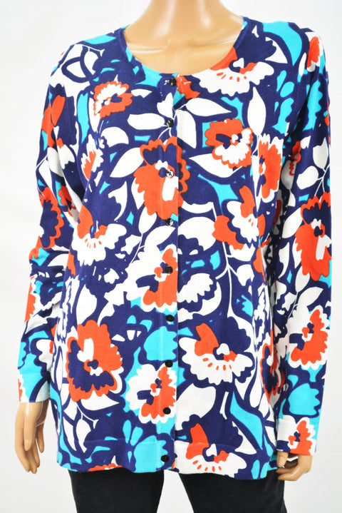 August Silk Women's Blue Printed Button Down Cardigan Sweater Plus 1X