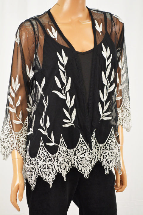 Alfani Women Black Embroidered Open-Front Sheer Cardigan Petite M