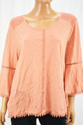 Style&Co Women Cotton Pink Lantern-Slve Lace Trim Blouse Top Large L