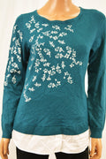 Charter Club Women Green Layered-Look Embroidered Sweater Top Medium M