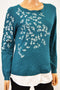 Charter Club Women Green Layered-Look Embroidered Sweater Top Medium M
