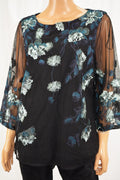 Charter Club Women Metallic Black Floral Embroidered Mesh Blouse Top XL