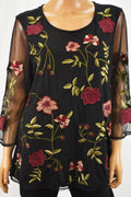 Charter Club Women's Black Floral Embroidered Illusion Blouse Top  XL