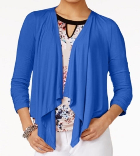 Grace Elements Women Stretch Blue Draped Open Front Cozy Cardigan Shrug Top S