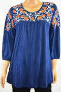 NY Collection Women's 3/4 Sleeve Round Neck Blue Embroidered Blouse Top L
