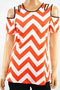 NY Collection Women Stretch Red Chevron Print Cold-Shoulder Cutout Blouse Top M