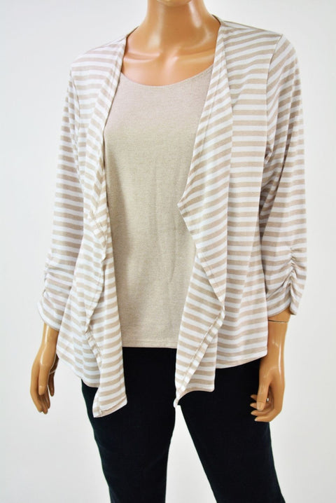 Alfred Dunner Acadia Women Beige Stripe Layered-Look Cardigan Shrug Blouse Top S