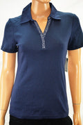 Karen Scott Women Short Sleeve Collared V-Neck Cotton Blue Studded Blouse Top XS