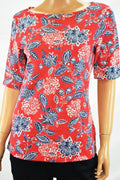 Karen Scott Women Elbow Sleeve Boat Neck Red Amore Floral Print Blouse Top S