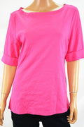 Karen Scott Women's Cuffed Elbow Sleeve Boat Neck Cotton Pink Blouse Top M