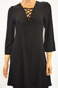Kensie Women's 3/4-Sleeves Black Stretch Lace-Up V-Neck A-Line Tunic Dress M