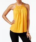 Cable & Gauge Women's Cotton Yellow Solid Crochet Detail Halter Blouse Top M