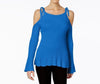 ECI Women's Scoop Neck Blue Cold Shoulder Ribbed Knit Sweater Top S