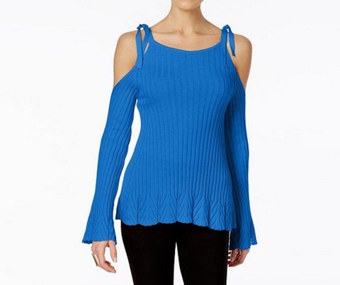 ECI Women's Scoop Neck Blue Cold Shoulder Ribbed Knit Sweater Top S