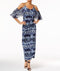 NY Collection Women Stretch Blue Printed Cold Shoulder Ruffled Maxi Dress L