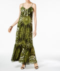 New ECI Women V Neck Spaghetti Strap Green Printed Tie-Dye Ruffled Maxi Dress M