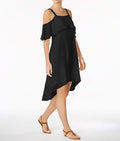ECI Women Black Textured Cold Shoulder Ruffled-Overlay Hi-Low A-Line Dress S