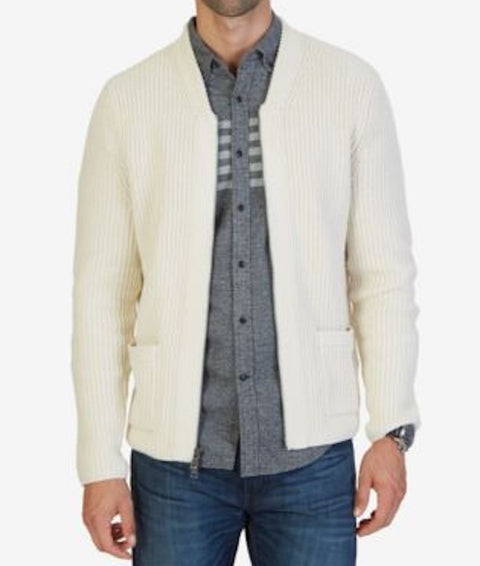 Nautica Mens Long Sleeve Shawl Collar Full Zip White Pocketed Cardigan Sweater S
