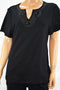Karen Scott Women Short Sleeve Split Neck Cotton Black Embellished Blouse Top M