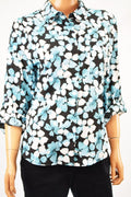Tommy Hilfiger Women's Blue Floral-Print Roll-Tab Button Down Shirt Top XL