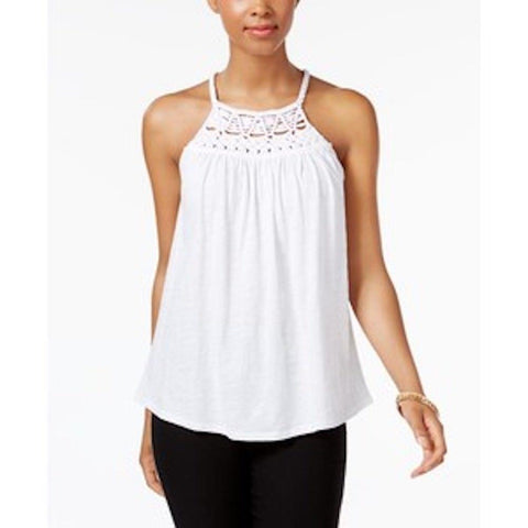 Cable & Gauge Women's Cotton White Solid Crochet-Detail Halter Blouse Top M