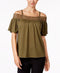 Cable & Gauge Women Stretch Green Cold Shoulder Lace Crochet Trim Blouse Top M