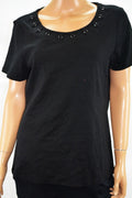 Karen Scott Women Short-Sleeve Cotton Black Strap-Embellished Blouse Top L