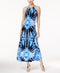 New ECI Women's Stretch Blue Printed Tie Dye Keyhole-Halter Long Maxi Dress XL
